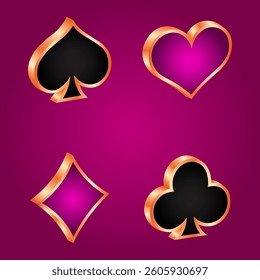 Playing cards symbols with golden outline, vector illustration.