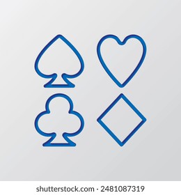 Jugando a las cartas. Corazón, pica, diamante, palos, Vector de iconos simples. Diseño plano. Diseño de corte de papel. Símbolo azul cortado con sombra. Fondo gris.ai