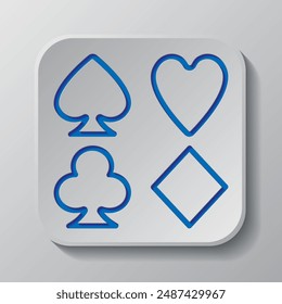Playing cards symbols. Heart, spade, diamond, clubs simple icon vector. Flat design. Paper cut design. Cutted blue symbol with shadow. Gray badge button, gray background.ai
