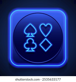 Playing cards symbols. Heart, spade, diamond, clubs simple icon vector. Flat design. Blue neon style on button. With shadow.ai