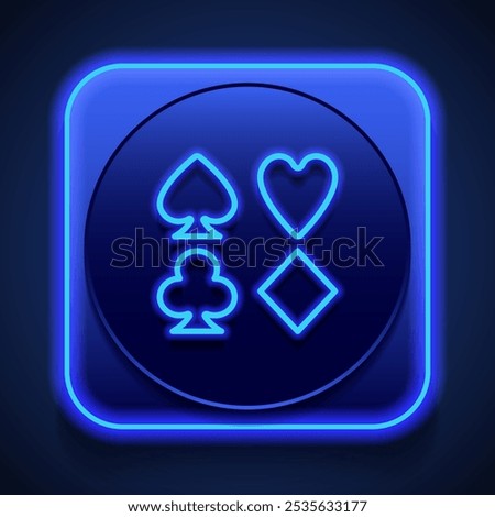 Playing cards symbols. Heart, spade, diamond, clubs simple icon vector. Flat design. Blue neon style on button. With shadow.ai