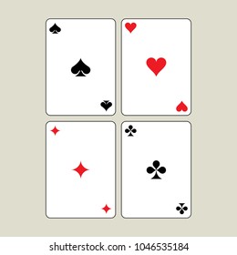 Playing cards symbols, on light beige background. Spade, Heart, Clover, Diamond.