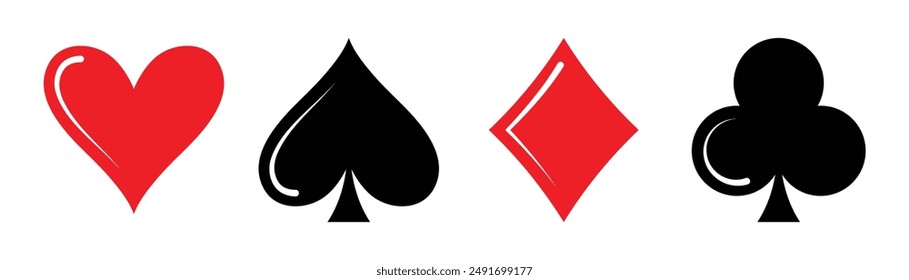 Playing cards symbols set of four poker cards suits with heart, spade, club, diamond icon in shiny style. Casino card icons and symbols. Poker card suits vector illustration.