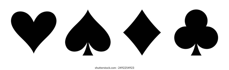 Playing cards symbols set of four poker cards suits with heart, spade, club, diamond icon in black color flat style. Casino card icons and symbols. Poker card suits vector illustration.