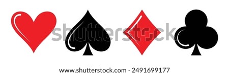 Playing cards symbols set of four poker cards suits with heart, spade, club, diamond icon in shiny style. Casino card icons and symbols. Poker card suits vector illustration.