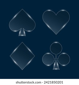 Playing cards symbols, white neon glass shape, vector illustration.