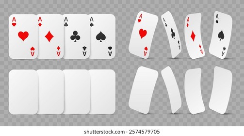 Playing cards and their white layouts. Realistic isolated gaming elements, casino objects, empty blank covers. Black and red signs. Aces crosses, diamonds hearts and spades. Vector set