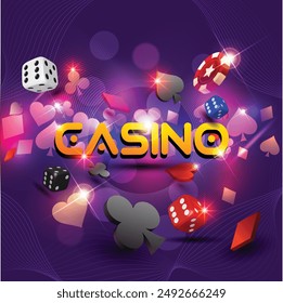 Playing Cards, tokens, Casino with rolling dice vector Background.