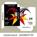 Playing cards tuck box template with colorful 3D Joker head on black and white background. Vector illustration. NOT AI generated