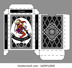 Playing cards tuck box template with a Joker image. Original design in flat style.  Vector illustration.