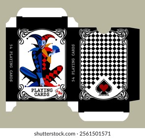 Playing cards tuck box template with colorful Joker in flat style in a vintage frame. Vector illustration.