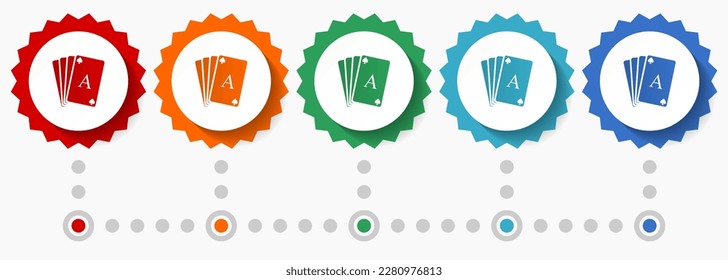 Playing cards vector icon set, colorful infographic template, set of flat design badge icons in 5 color options