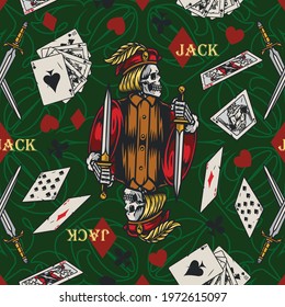 Playing cards vintage colorful seamless pattern with skeleton jack holding dagger playing cards and suits on green background vector illustration