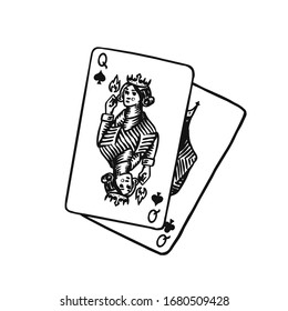  Playing cards in vintage doodle style. Spades Queen. Hand drawn engraved doodle sketch. Vector illustration for tattoo or t-shirt.