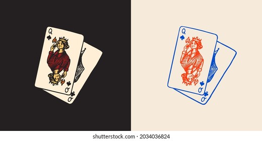 Playing cards in vintage doodle style. Spades Queen. Hand drawn engraved doodle sketch. Vector illustration for tattoo or t-shirt.