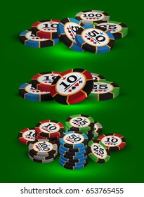 Playing casino chips on green background