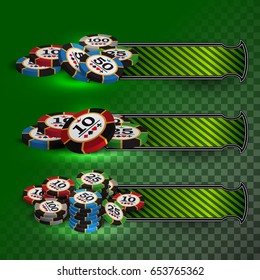 Playing casino chips on transparent green  background
