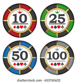 Playing casino chips on white background