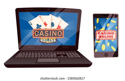 Playing casino online vector, isolated laptop and smartphone. Poker and texas holdem games on screen. Phone with falling coins, wealth and richness