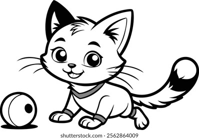 A playing cat black and white coloring book page for kids vector illustration