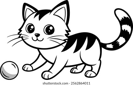 A playing cat black and white coloring book page for kids vector illustration