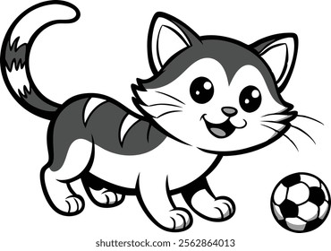 A playing cat black and white coloring book page for kids vector illustration