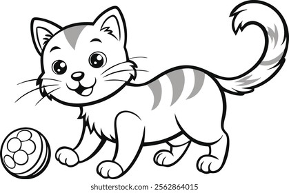 A playing cat black and white coloring book page for kids vector illustration