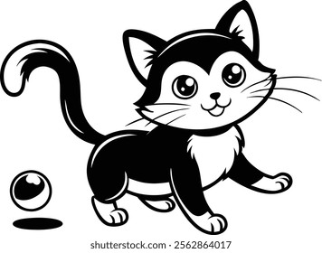 A playing cat black and white coloring book page for kids vector illustration