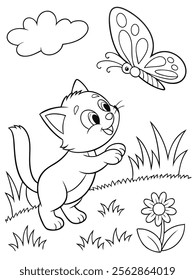 A playing cat black and white coloring book page for kids vector illustration