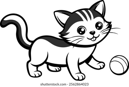 A playing cat black and white coloring book page for kids vector illustration