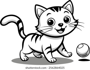 A playing cat black and white coloring book page for kids vector illustration