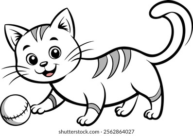 A playing cat black and white coloring book page for kids vector illustration