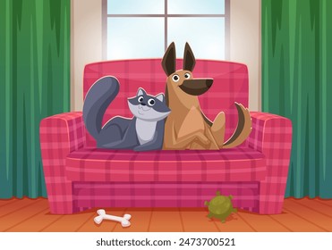 Playing cat dogs. Domestic pets in living room hugging exact vector background illustration