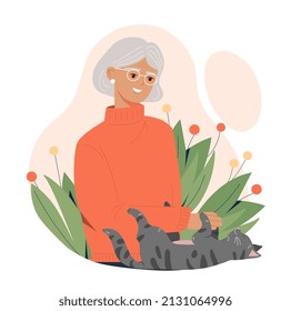 Playing with cat. Elderly woman with pet, animal care and love. Grandmother strokes kitten or plays with mammal. Poster or banner, graphic element for website. Cartoon flat vector illustration