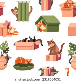 Playing cat pattern. Seamless print of cartoon playful kitten characters, feline pets walking and playing, background fabric wrapping textile. Vector texture with funny cat, cute seamless illustration