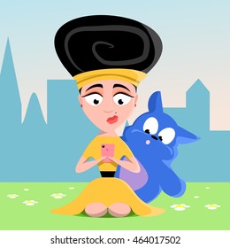 Playing Catch Monsters Game on Smartphone, vector cartoon illustration of girl playing video game on her smartphone in the park.