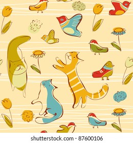  Playing cats, birds and flowers