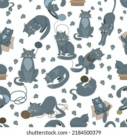 Jugando gatos. El gato está en la caja, el gato está jugando con una bola de hilo. Gatos en diferentes poses. Textura de tela sin fisuras.