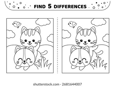 Playing cats. Cute. Find 5 differences. Black and white game for kids. Isolated vector illustration eps 10