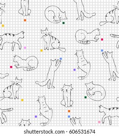 Playing cats drawing on paper in line squares in light gray, yellow, blue, pink and red colors a seamless pattern on a white background.
