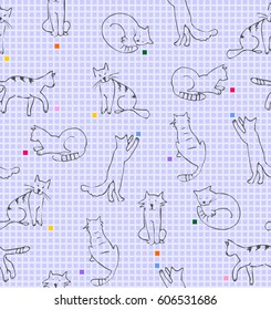 Playing cats drawing on paper in line squares in light gray, yellow, blue, pink and red colors a seamless pattern on a light blue background.
