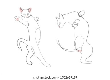 Playing cats vector illustration. Continuous line drawing. Cats in different poses.