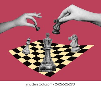 playing chess concept template design with hand holds horse chess piece makes move pawn chessboard knight queen king on red crimson background retro grunge halftone dotted texture collage elements