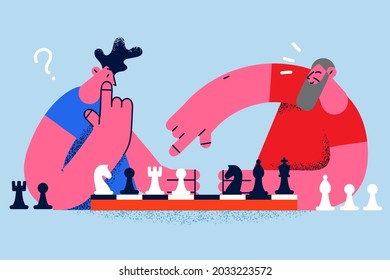 Playing chess and contest concept. Young men sitting and playing chess thinking of chess strategy during game vector illustration