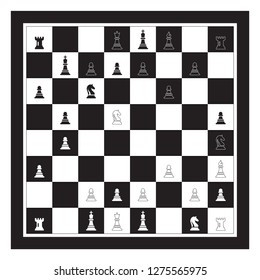 Playing Chess Game With Black And White Chess Board. Chess Figures King, Queen, Bishop, Knight, Rook, Pawn. Chess Board Illustration.