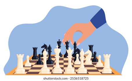 Jogando xadrez. Mão movendo chessman peça bispo. Torneio de jogos de xadrez, competição de inteligência pensante. Ilustração vetorial