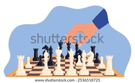 Playing chess. Hand moving chessman piece bishop. Chess game tournament, thinking intelligence competition. Vector illustration