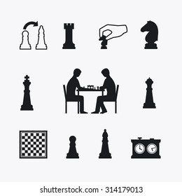 Playing chess icons. Chess players silhouettes at the table with chessboard