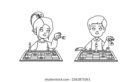 playing chess kid vector. play child, game boy, board sport, young competition, children girl playing chess kid character. people black line illustration