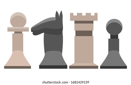 Playing chess vector, figures isolated pawn and horse white and black colors. Game board, smart and intelligence strategic players chessboard illustration in flat style design for web, print